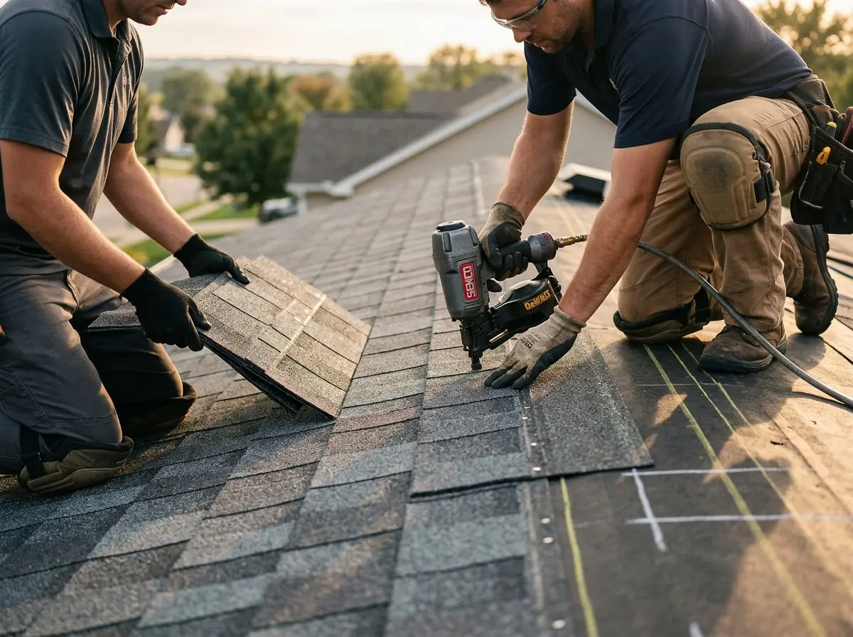Professional roofer working on a residential roof in Pea Ridge